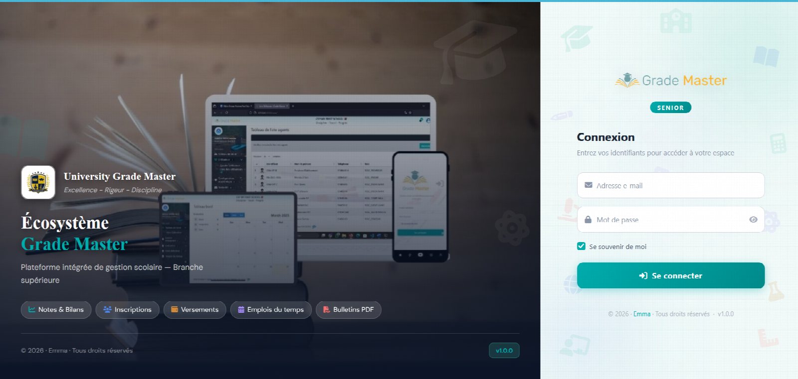 Écran de connexion de la plateforme Grade Master, accessible sur ordinateur, tablette et smartphone
