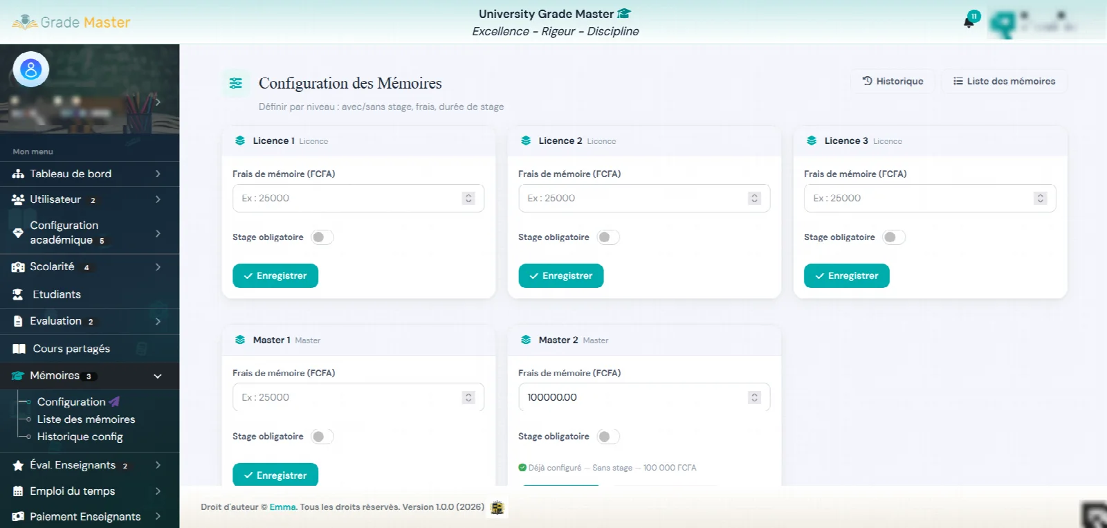 Configuration des mémoires